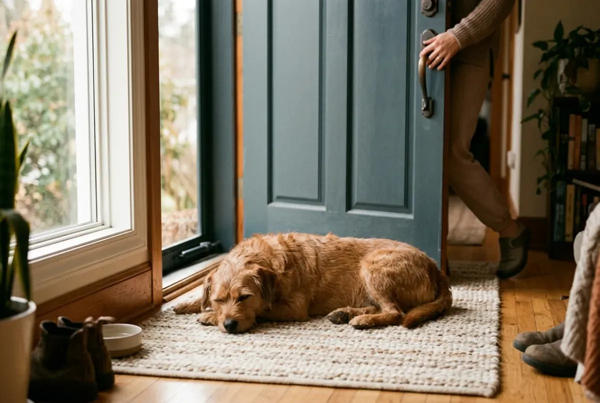 Entspannter Hund liegt an der Wohnungstür, während Halterin geht