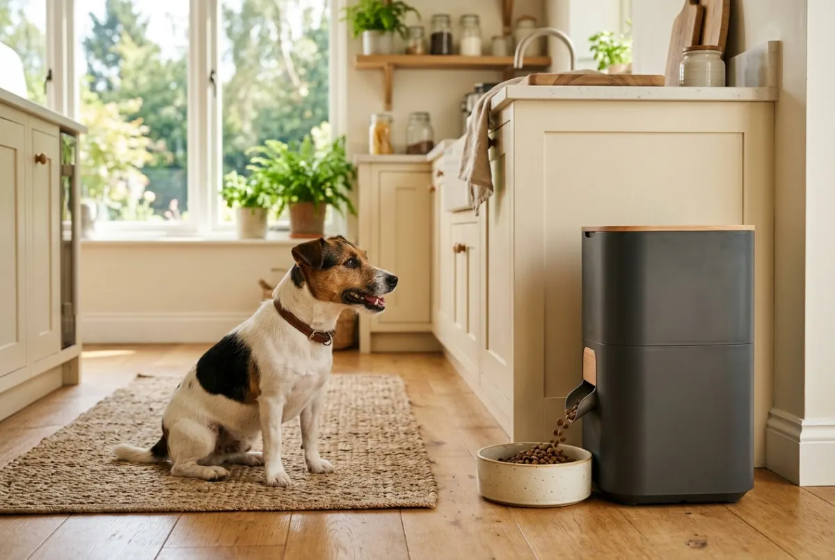 Jack Russell Terrier wartet vor automatischem Futterspender in der Küche