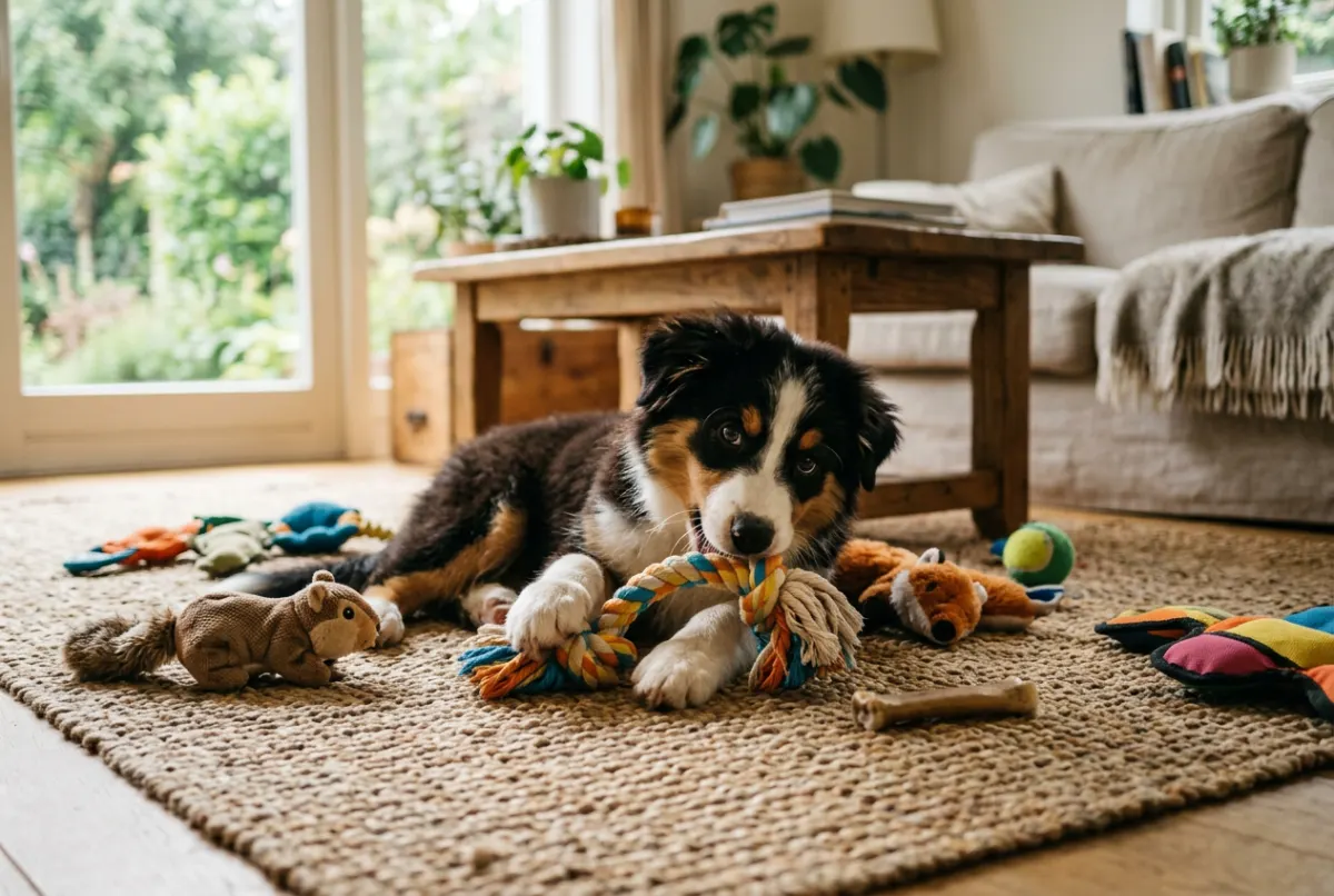 Australian-Shepherd-Welpe spielt mit einem Tau-Spielzeug im Wohnzimmer