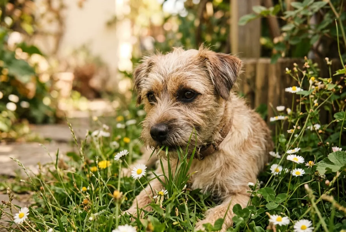 Junger Terrier-Mischling knabbert im Garten neugierig an Grashalmen zwischen Gänseblümchen