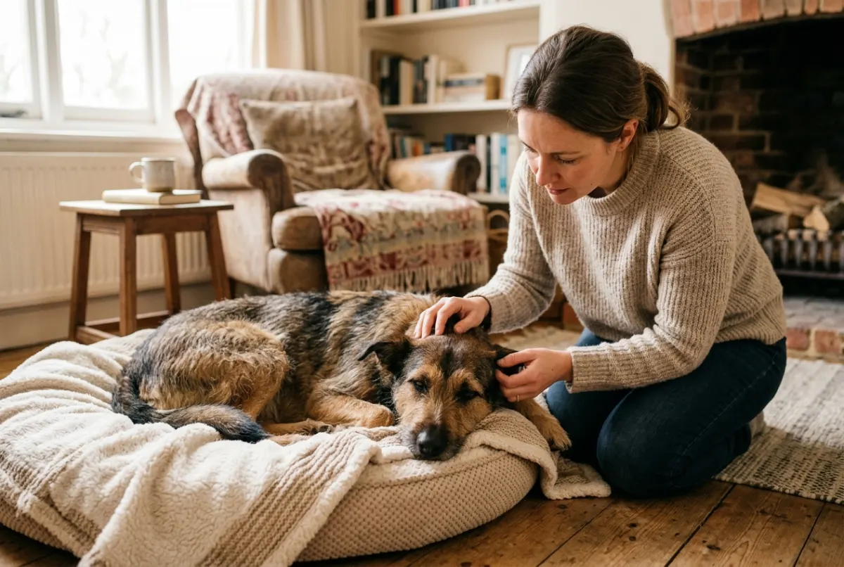 Müder Schäferhund-Mischling ruht auf einem Hundebett, Besitzerin kniet fürsorglich daneben im Wohnzimmer