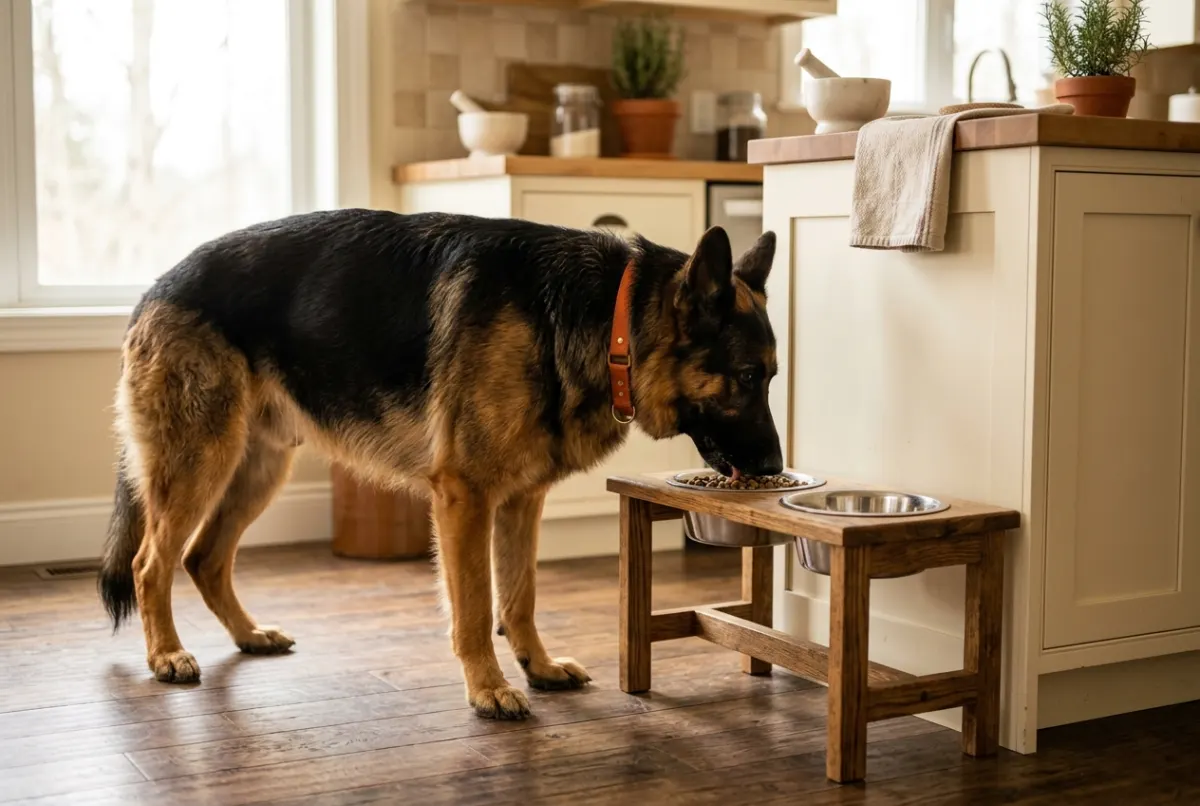 Deutscher Schäferhund frisst aus einem erhöhten Napfständer