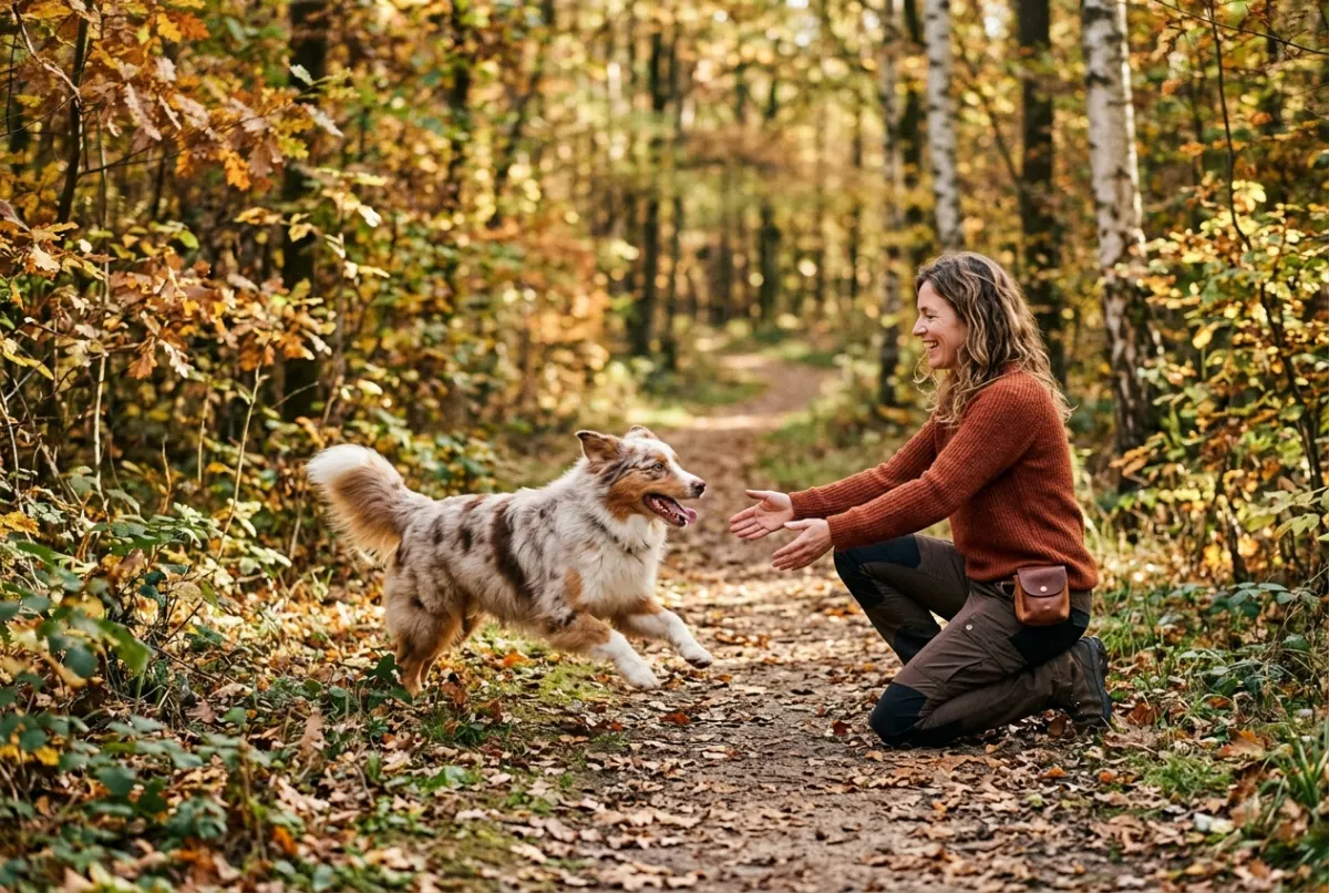Australian Shepherd rennt im Rückruf freudig zur Halterin im Wald