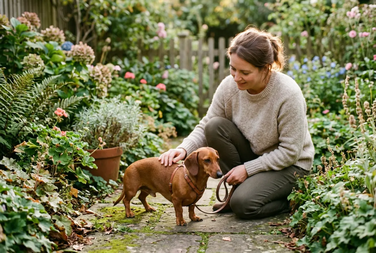 Dackel steht im Garten, Besitzerin kniet daneben und streichelt ihn fürsorglich