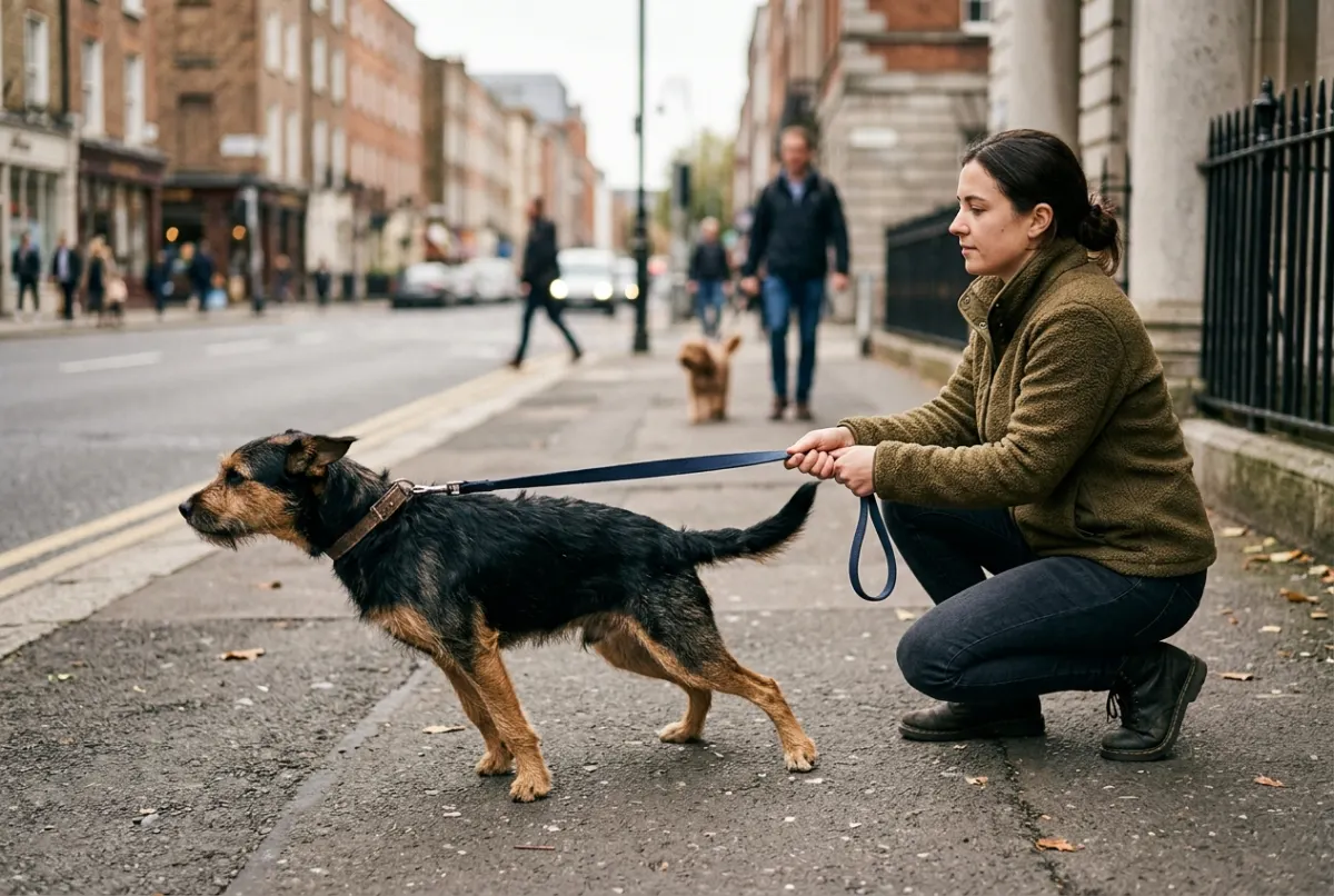Angespannter Hund an kurzer Leine, Halterin bleibt ruhig neben ihm