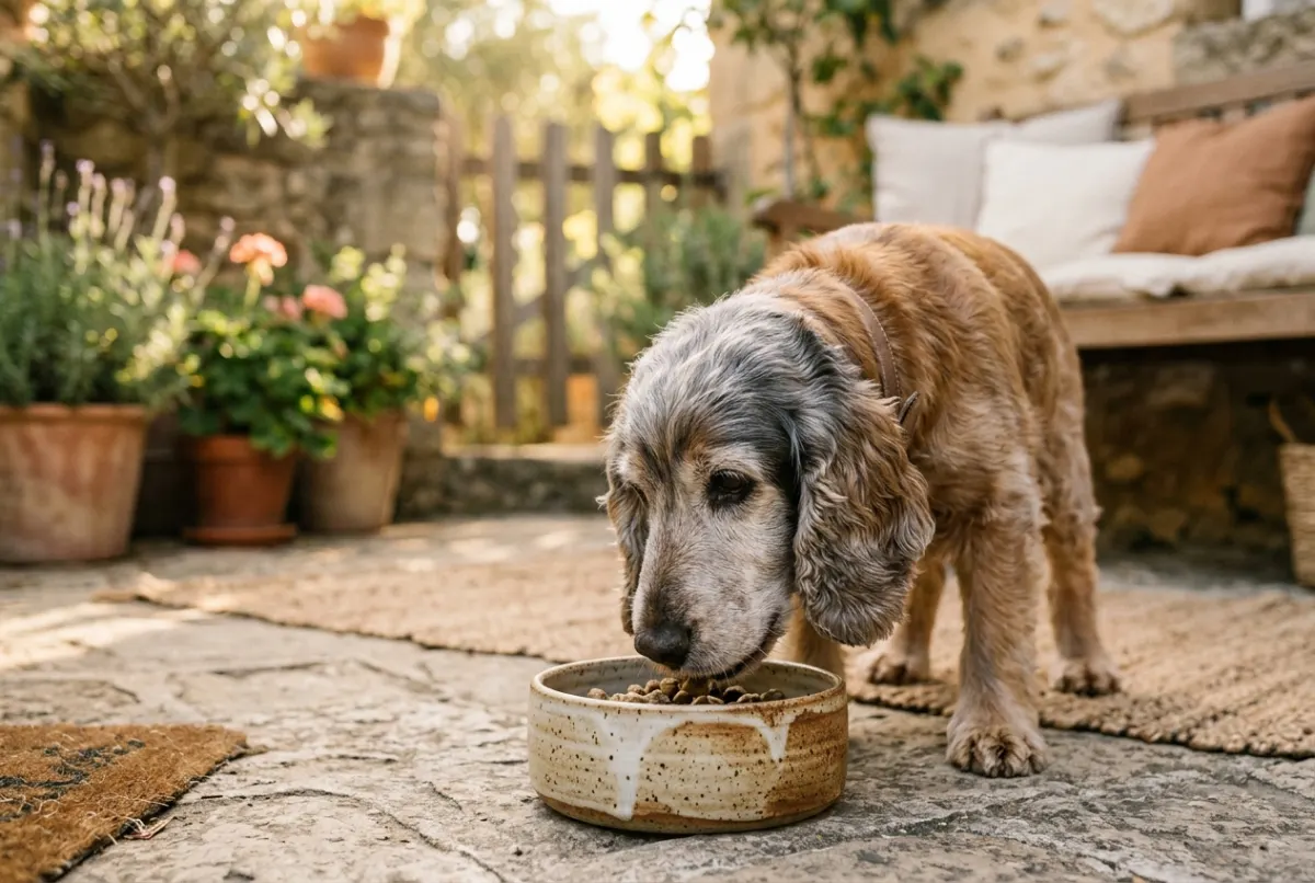 Alter Cocker Spaniel mit grauer Schnauze frisst zufrieden aus einer Keramikschale auf sonniger Terrasse