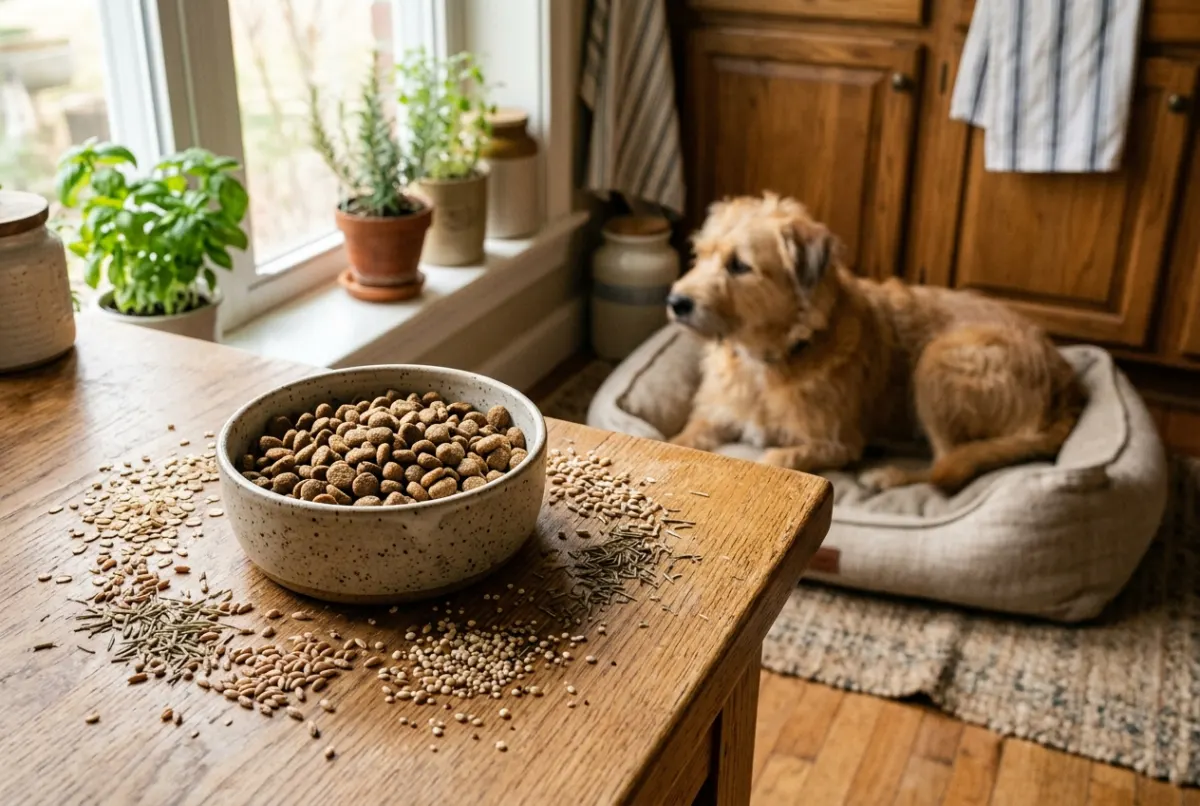 Trockenfutter mit Getreidekörnern auf Holztisch, Hund im Hintergrund