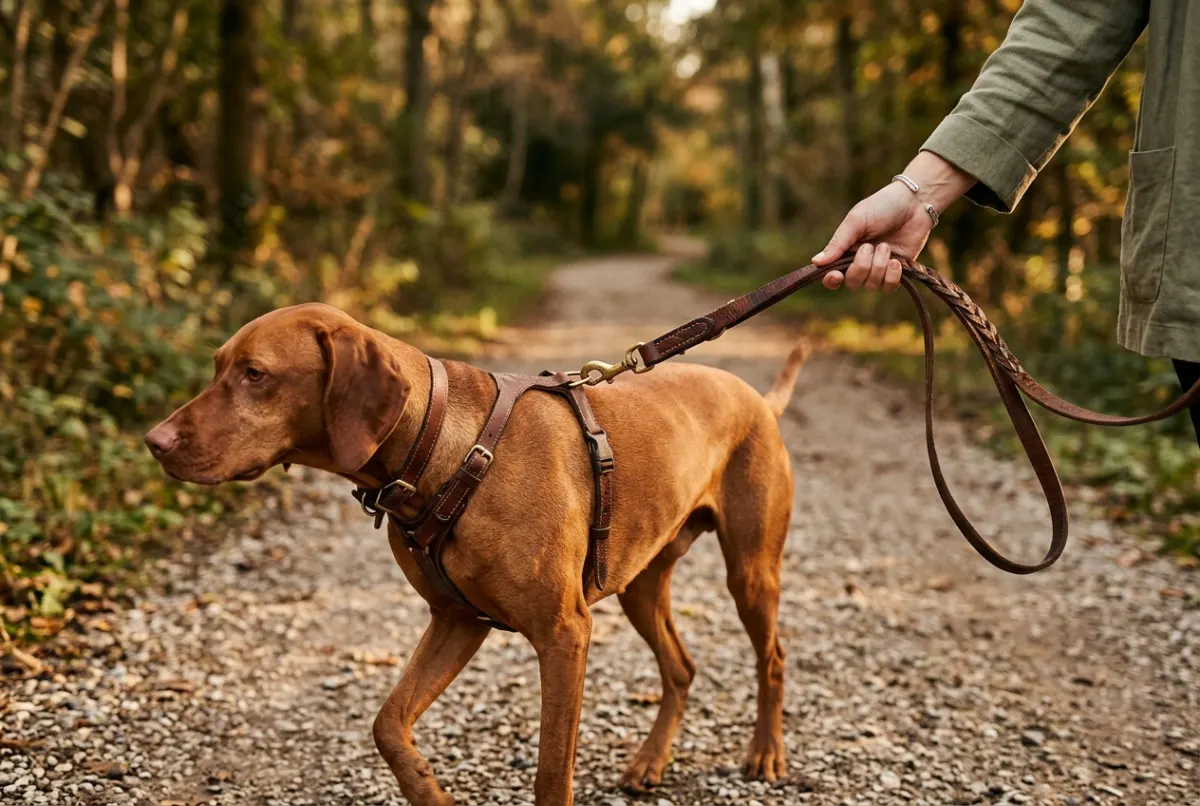 Frauenhand hält Lederleine, Vizsla läuft auf Kiesweg im Park