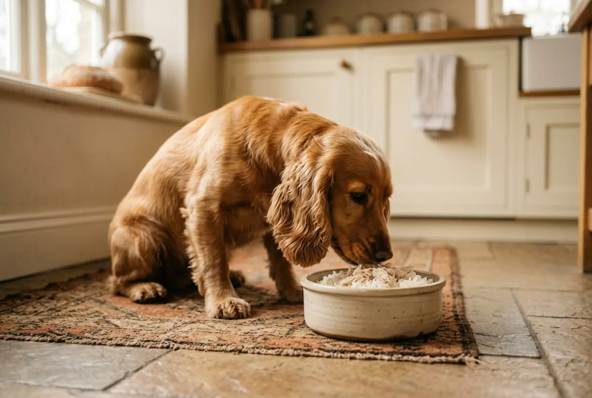 Cocker Spaniel frisst ruhig eine Schonkost-Mahlzeit aus Reis und Hühnchen aus einer Keramikschale in der Küche