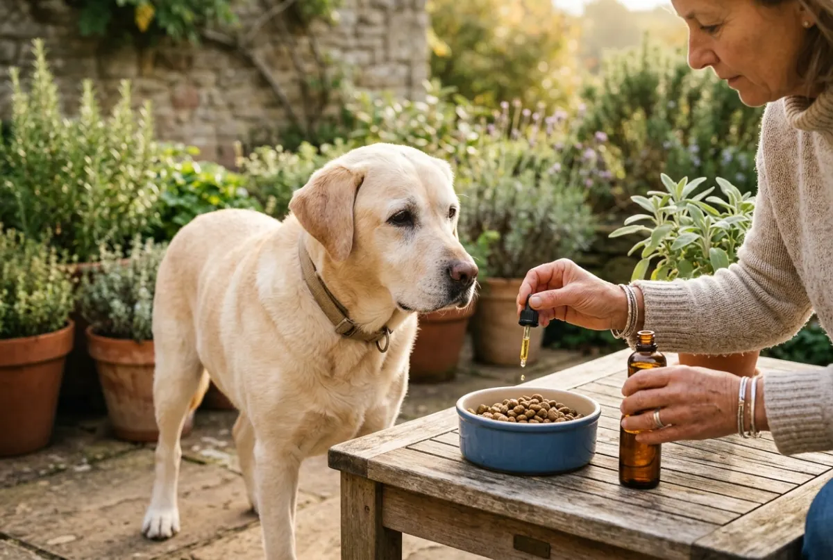 Seniorhund bekommt Nahrungsergänzung ins Futter geträufelt