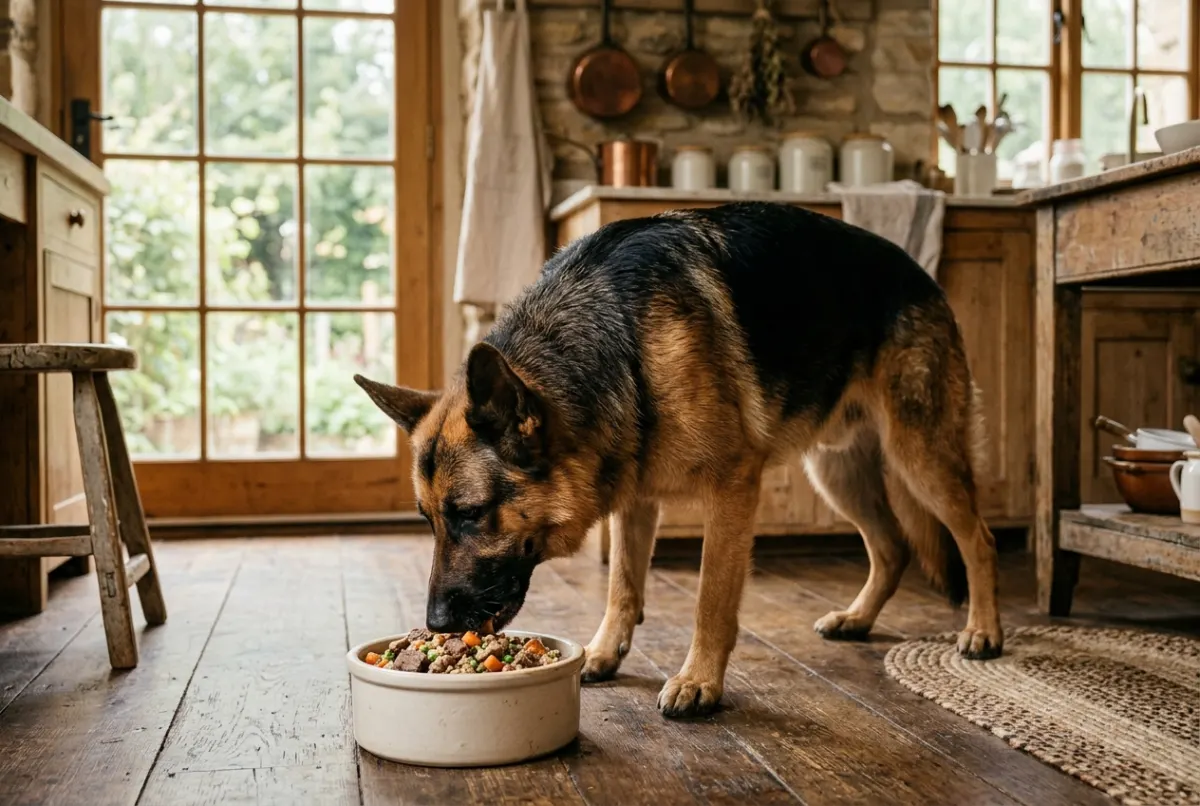 Deutscher Schäferhund frisst hochwertiges Futter mit Fleischstücken aus einem Napf