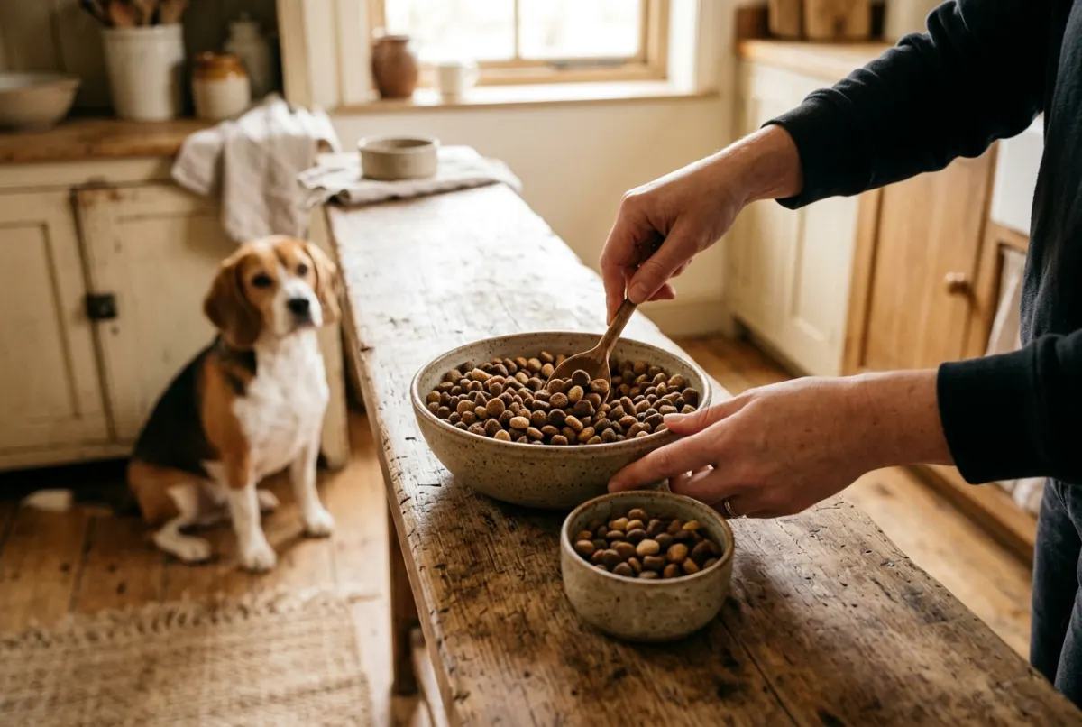 Hände mischen zwei Sorten Trockenfutter in einer Schale auf rustikaler Küchenarbeitsplatte, ein Beagle wartet im Hintergrund