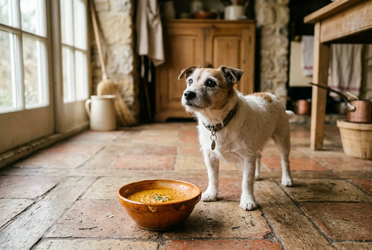 Kleiner Jack Russell Terrier steht erwartungsvoll vor einer Schale mit warmer Möhrensuppe auf Fliesenboden
