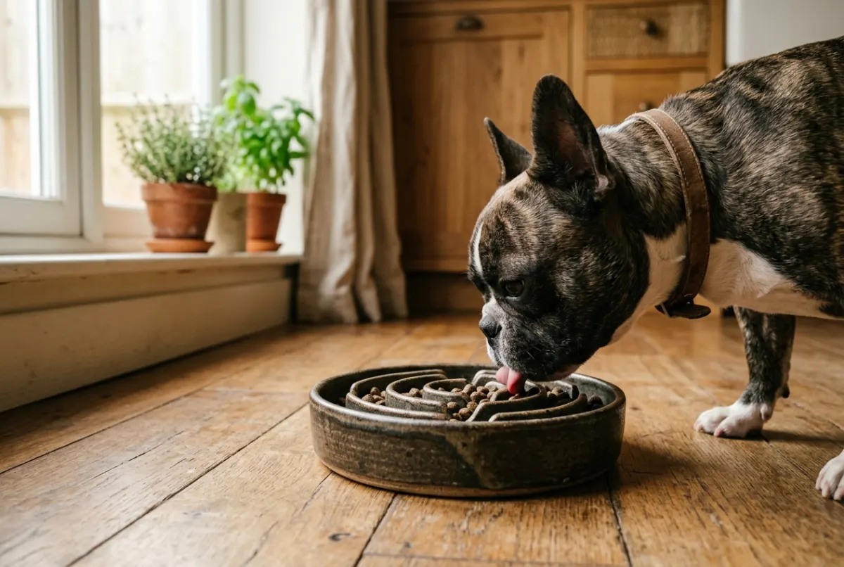 Französische Bulldogge frisst aus einem Anti-Schling-Napf mit Rillenmuster