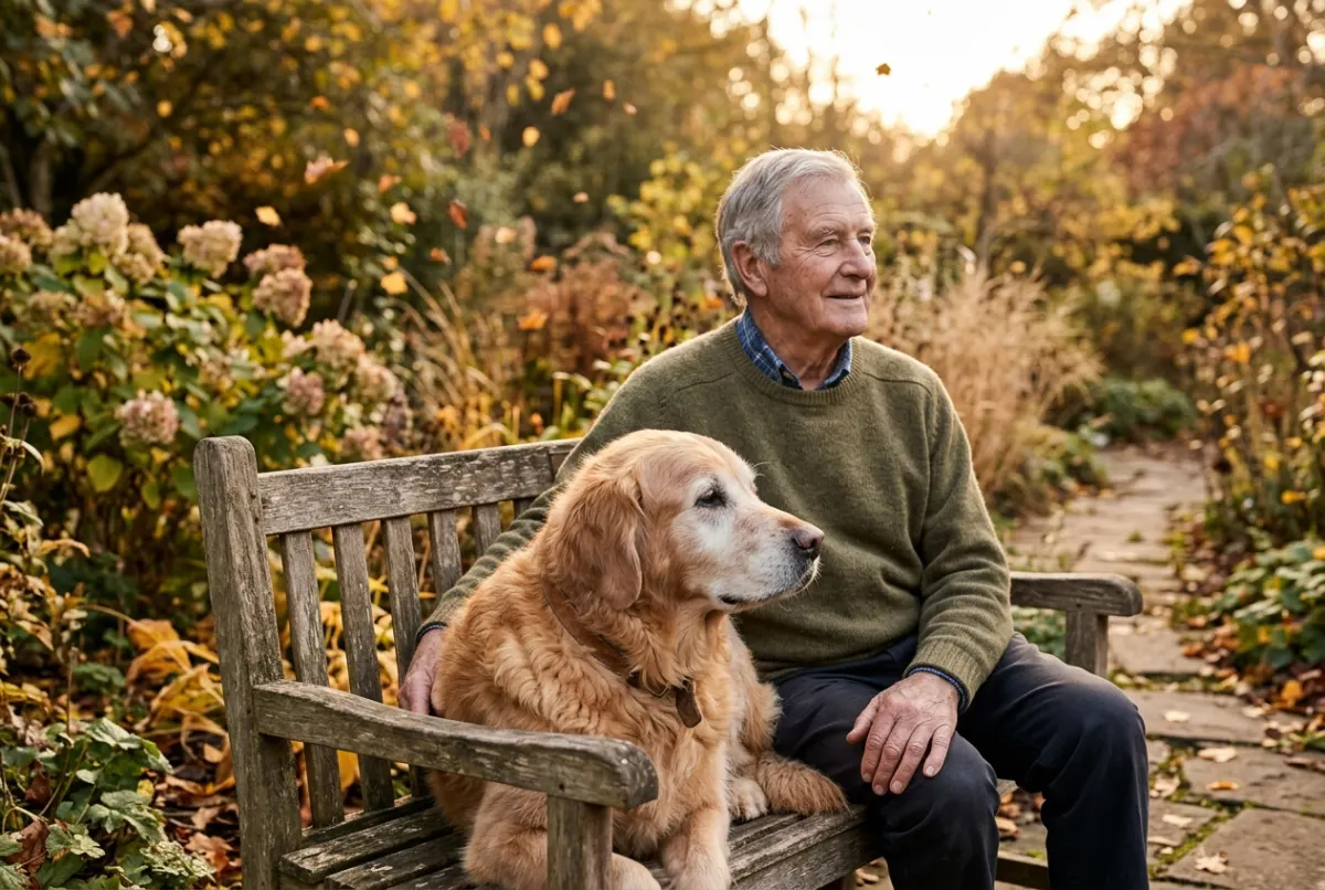 Alter Golden Retriever mit grauer Schnauze sitzt neben einem älteren Mann auf einer herbstlichen Gartenbank