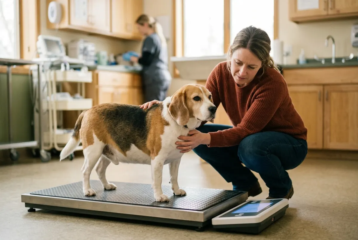 Übergewichtiger Beagle wird beim Tierarzt gewogen