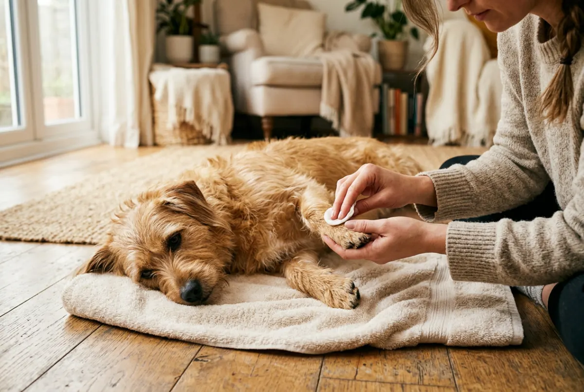 Hände reinigen sanft die Pfote eines liegenden Hundes auf einem Handtuch im Wohnzimmer