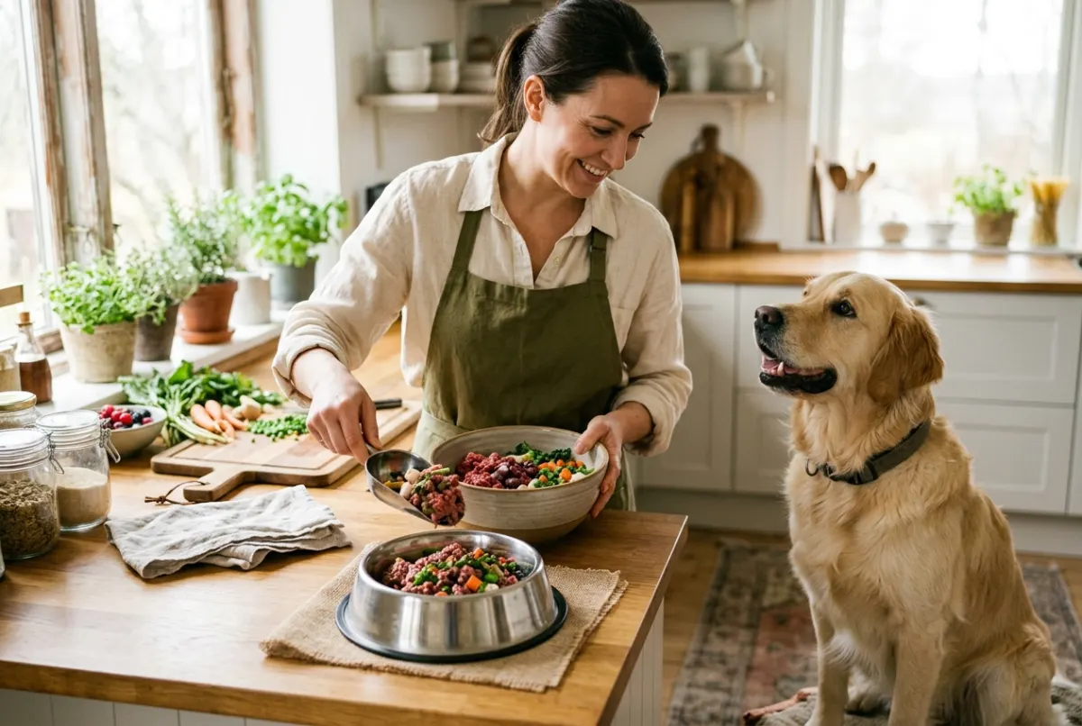 Frisches Fleisch wird für einen Hund in den Napf gefüllt