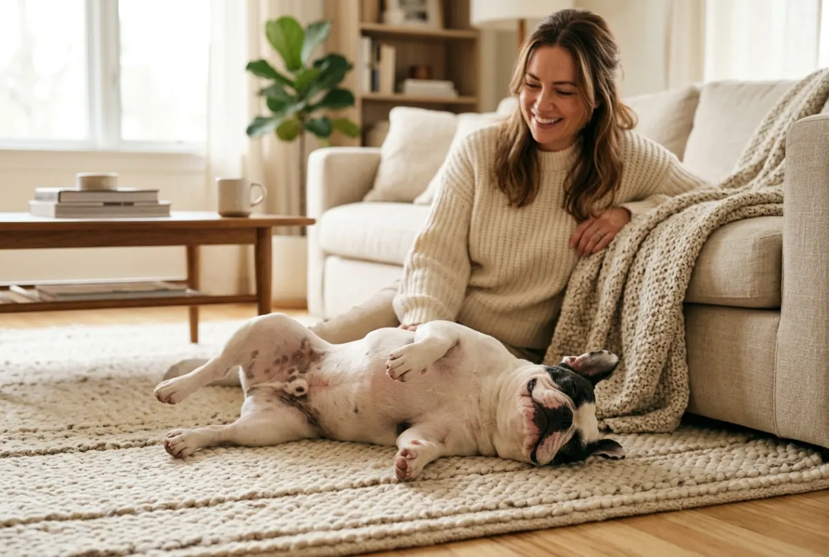Französische Bulldogge liegt entspannt auf dem Rücken im Wohnzimmer, Besitzerin lächelt amüsiert daneben