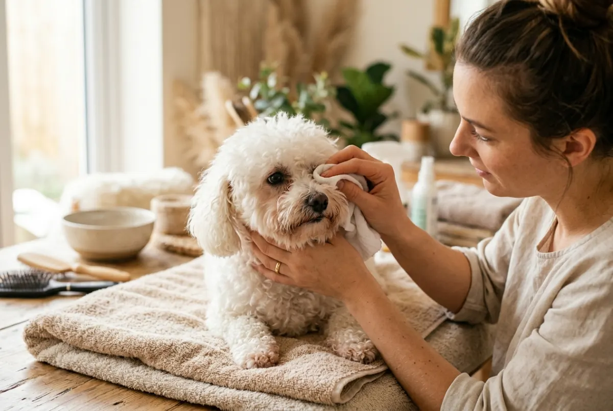Gesicht eines weißen Hundes wird sanft mit Tuch gereinigt
