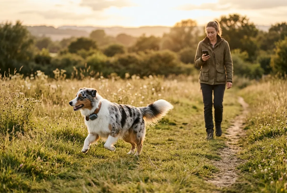 Australian Shepherd mit GPS-Tracker am Halsband trotzt über eine Wiese, Besitzerin folgt mit Smartphone