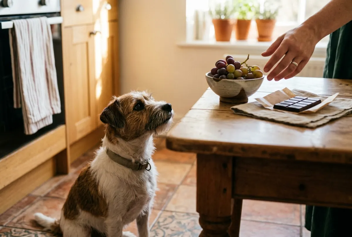 Hund schaut sehnsüchtig zu Trauben und Schokolade auf dem Tisch