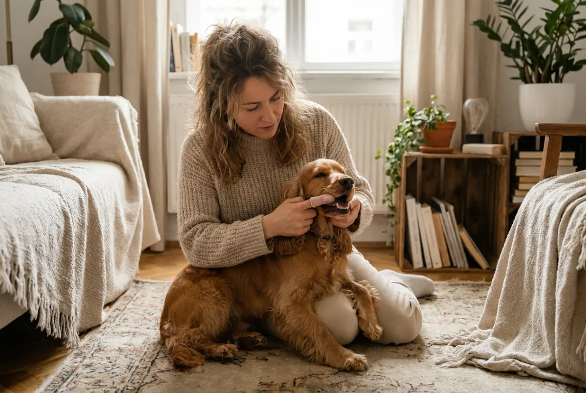 Nahaufnahme: Zähne eines Hundes werden mit einer Fingerzahnbürste geputzt