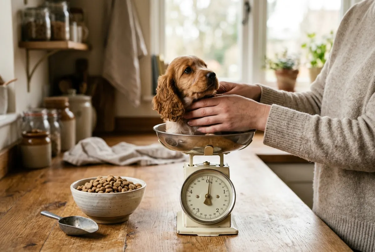 Cockerspaniel-Welpe wird auf einer Küchenwaage gewogen