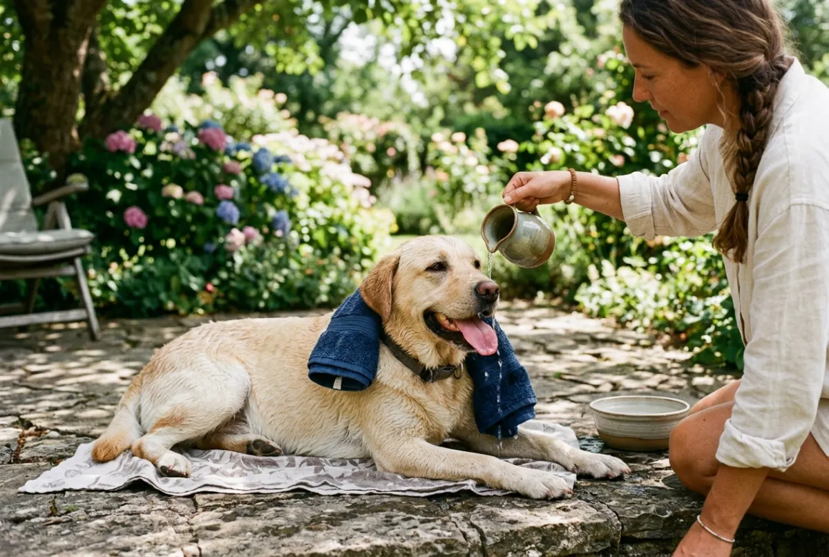 Hechelnder Labrador wird im Schatten mit feuchtem Handtuch gekühlt