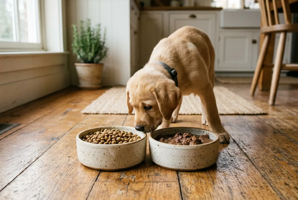 Labrador-Welpe schnuppert zwischen zwei Näpfen mit Trocken- und Nassfutter auf dem Küchenboden