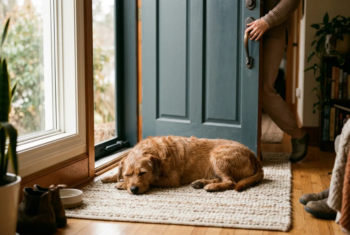 Entspannter Hund liegt an der Wohnungstür, während Halterin geht