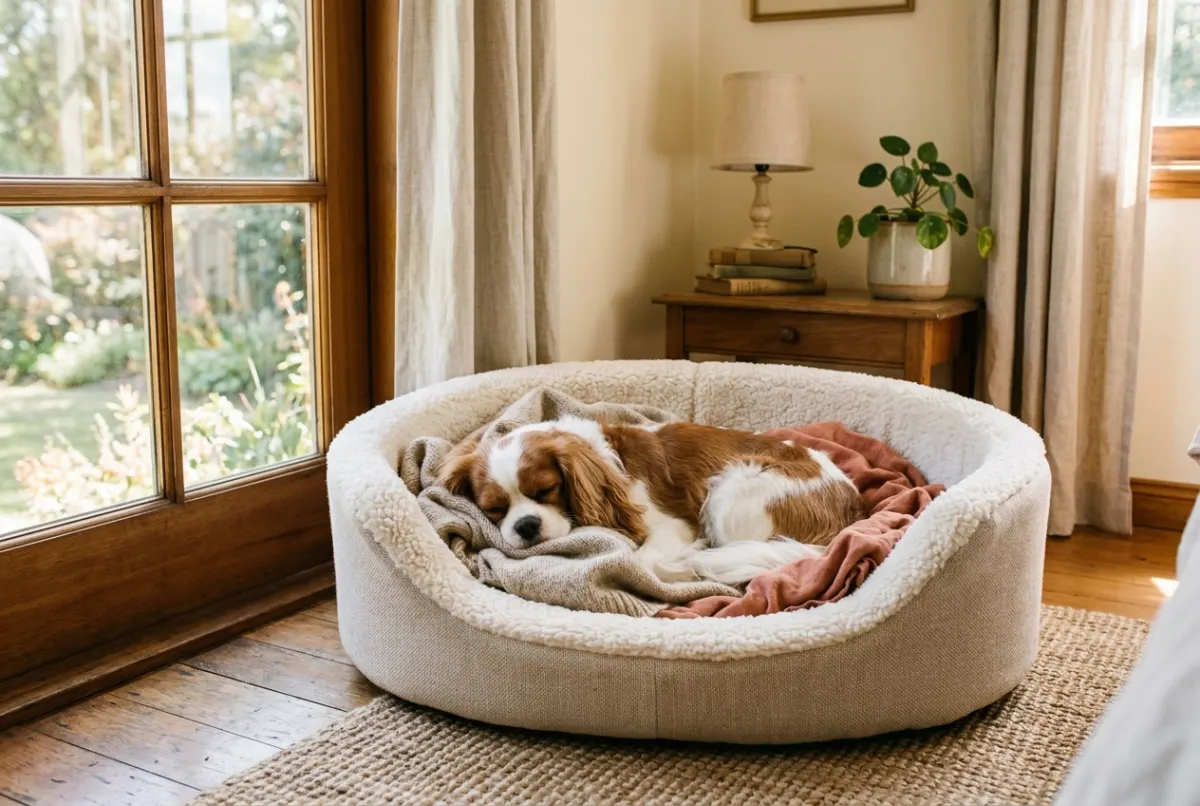 Cavalier King Charles Spaniel schläft eingerollt in einem weichen Hundebett