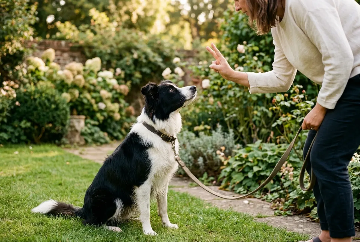 Aufmerksamer Border Collie an der Leine im Garten, fokussiert auf ein Handzeichen der Besitzerin beim Training
